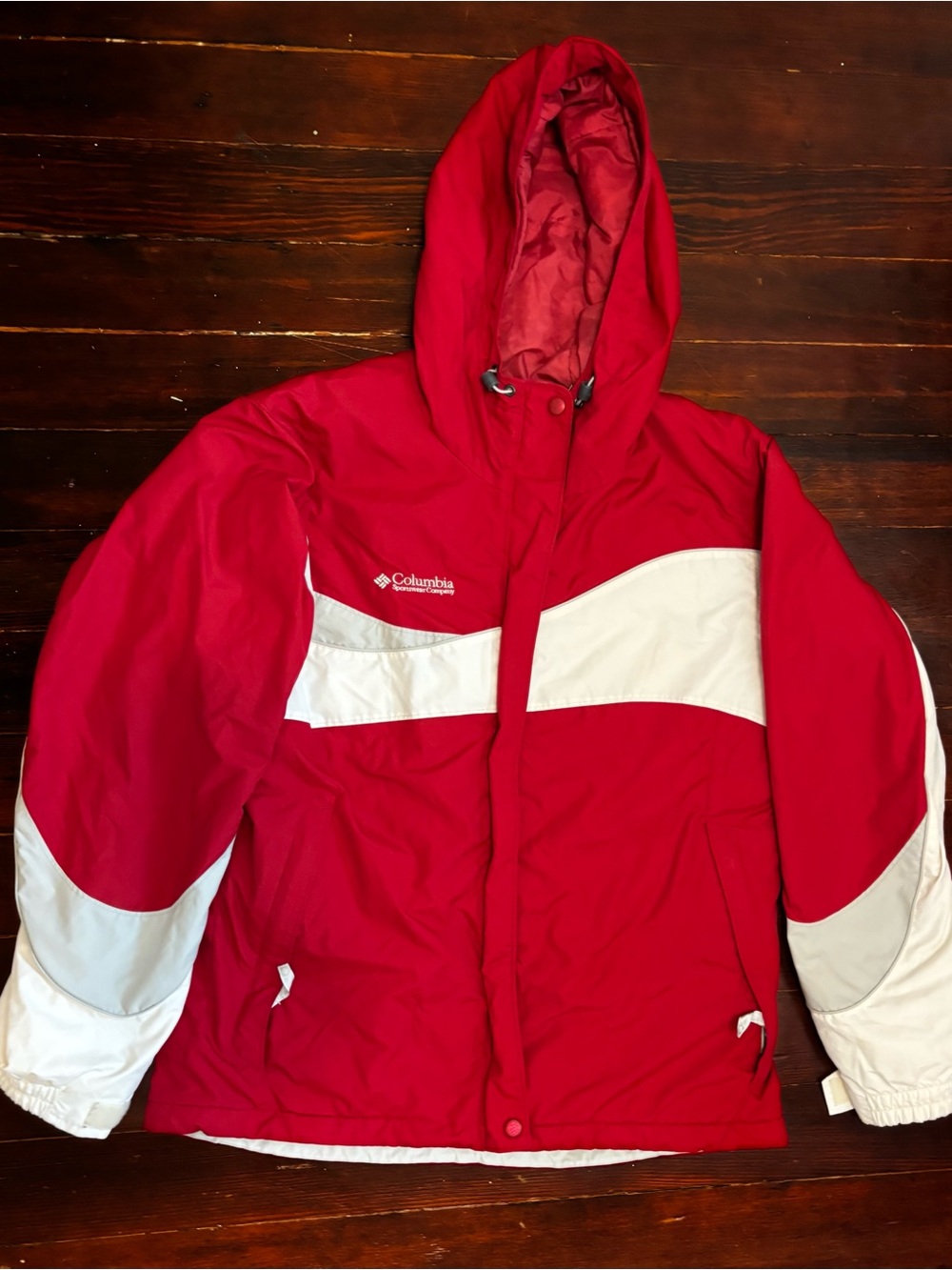 Columbia Red and White Hooded Ski Snow Jacket Women’s Medium